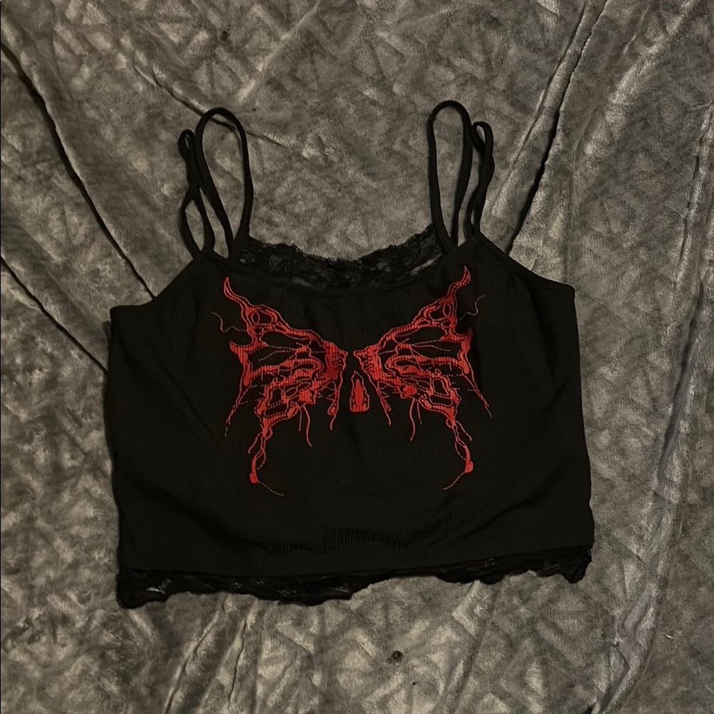 Black Lace Trim Butterfly Top